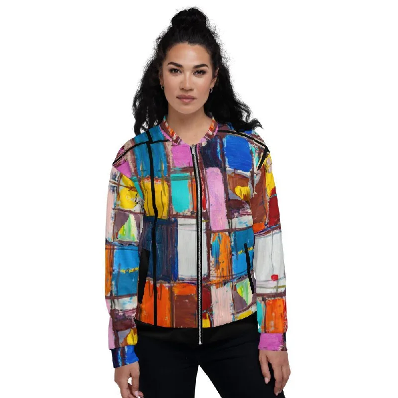 Breathable Jackets for Comfort -Womens Bomber Jacket, Abstract Multicolor Block Style