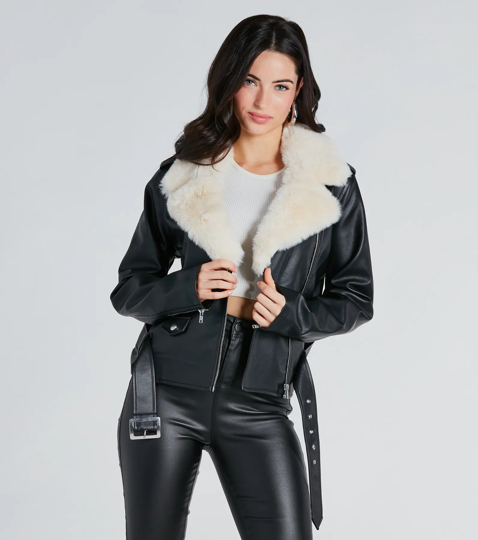 Black Jackets for Versatile -Always Elevated Faux Fur Trim Faux Leather Jacket