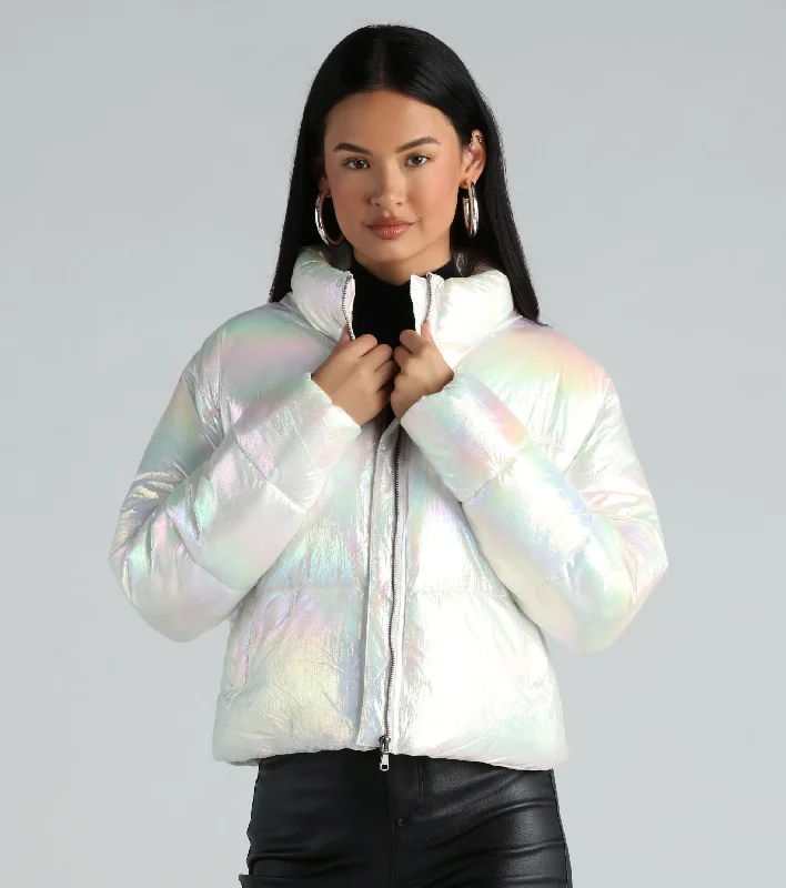 Pink Jackets for Feminine -Chromatic Babe Cropped Puffer Jacket