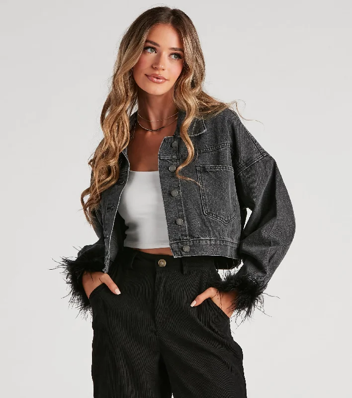 Weekend Jackets for Leisure -Here To Standout Marabou Denim Jacket