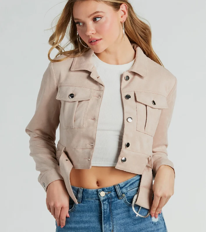 Checkered Jackets for Trendy -Layer On Iconic Belted Crop Faux Suede Moto Jacket