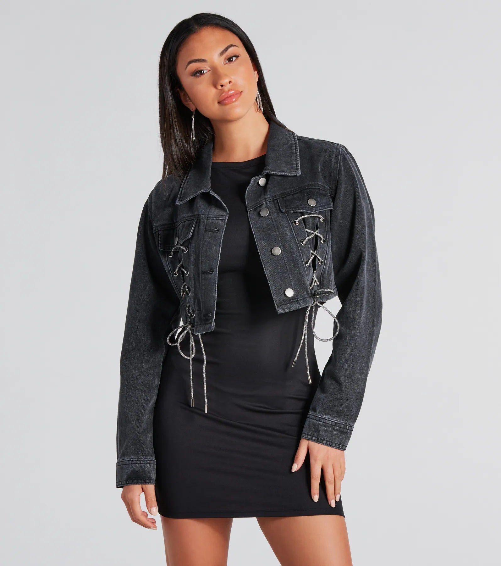 Abstract Jackets for Creative -Outshine In Rhinestone Lace-Up Denim Jacket