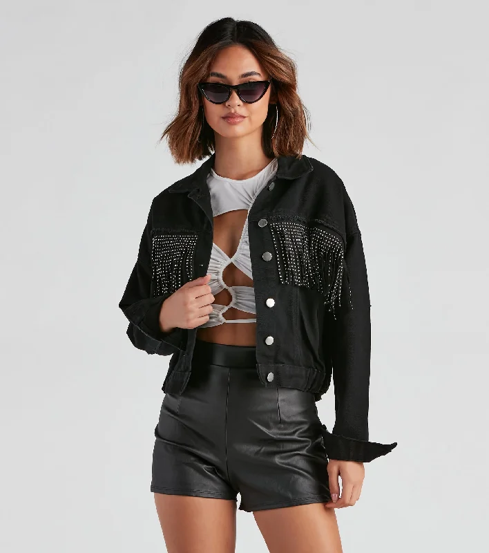 High School Jackets for Students -Rodeo Chick Denim Stud Fringe Jacket