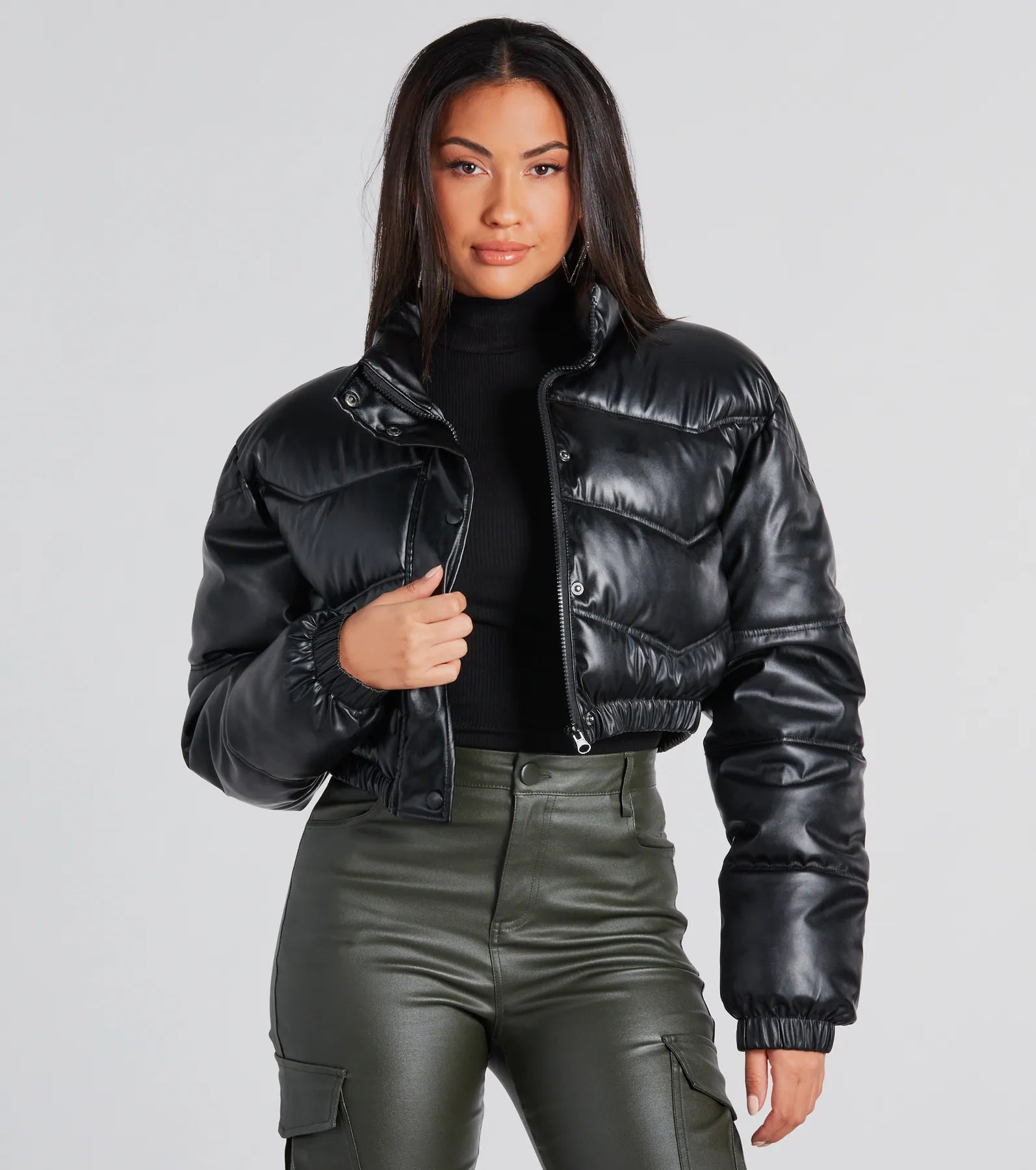 Solid Color Jackets for Simple -Slick Style Faux Leather Cropped Puffer Jacket