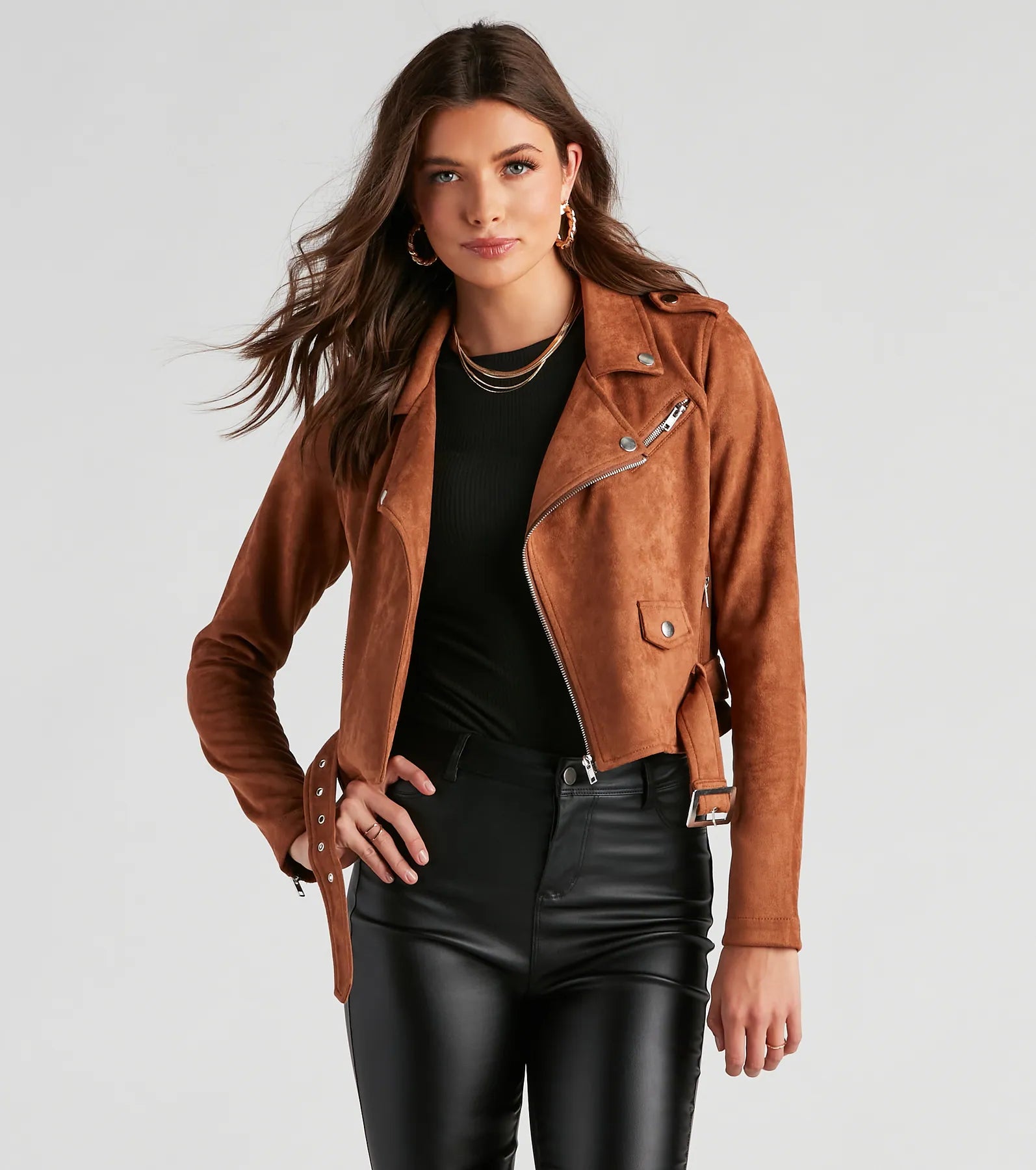 Hooded Jackets for Added Coverage -Stylishly Cinched Belted Moto Jacket