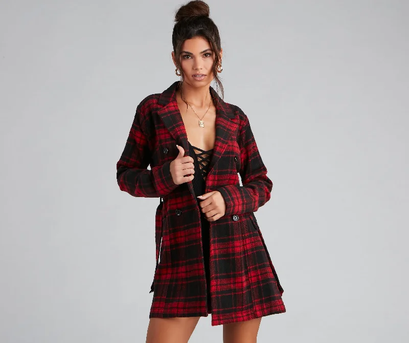 Bomber Jackets for Trendy Style -Timeless Chic Plaid Belted Faux Wool Jacket